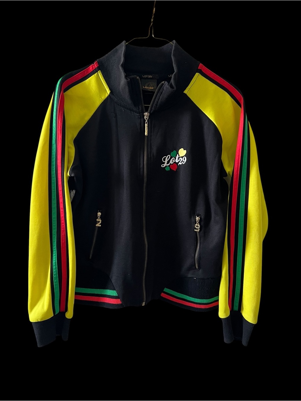 Lot29 Black Track Jacket w/ Yellow Sleeves &  Red/Green Stripes, Rasta Love